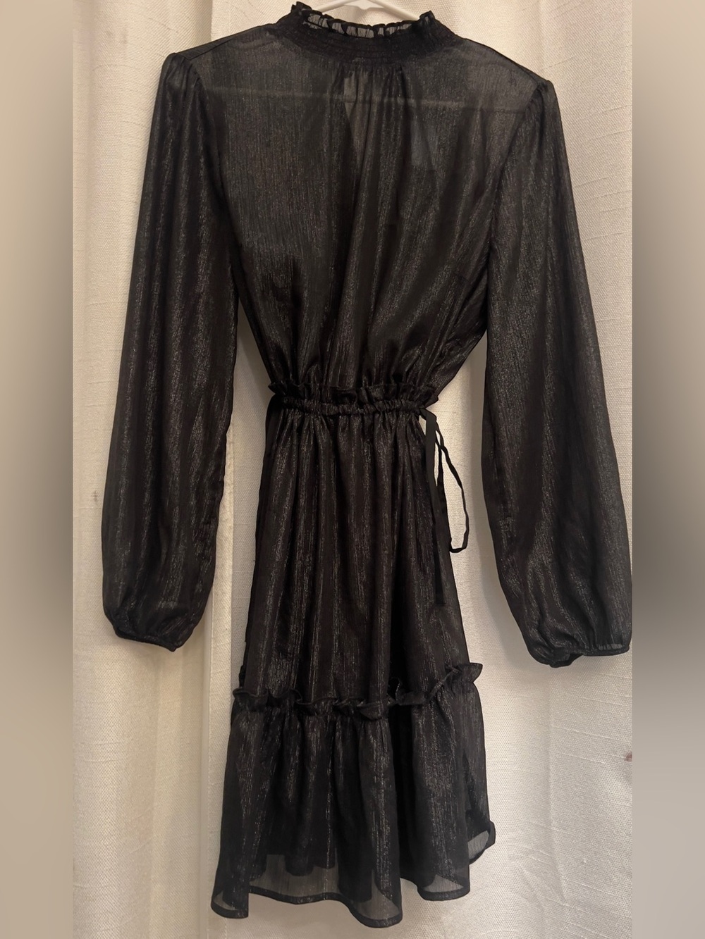 LOFT Black Metallic Sheer Ruffle Smocked Pumice Dress Large Petite NWT